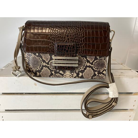 BRIGHTON ANIMAL PRINT BROWN GRAY LEATHER SMALLCROSSBODY BAG - Picture 2 of 16